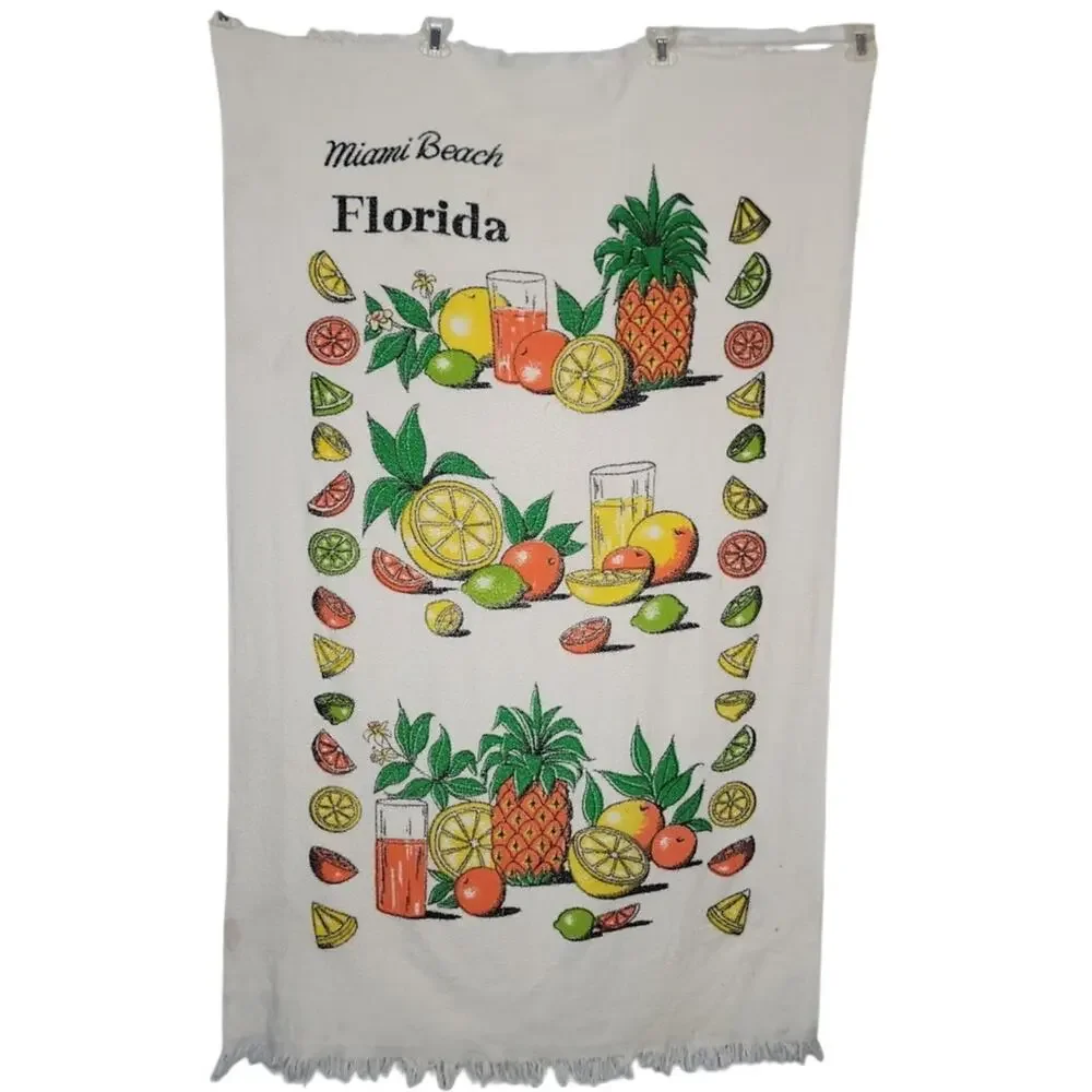 Vintage Miami Beach Florida  towel Beach Graphic Fringe CITRUS Large 32.5